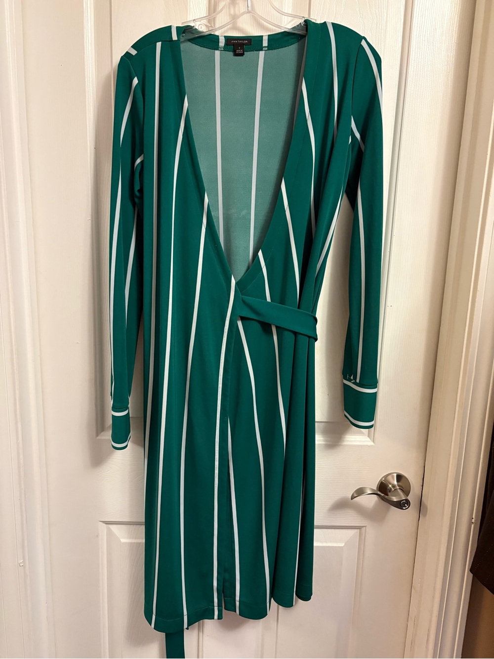 Ann Taylor Green and White Long Sleeve Wrap Dress